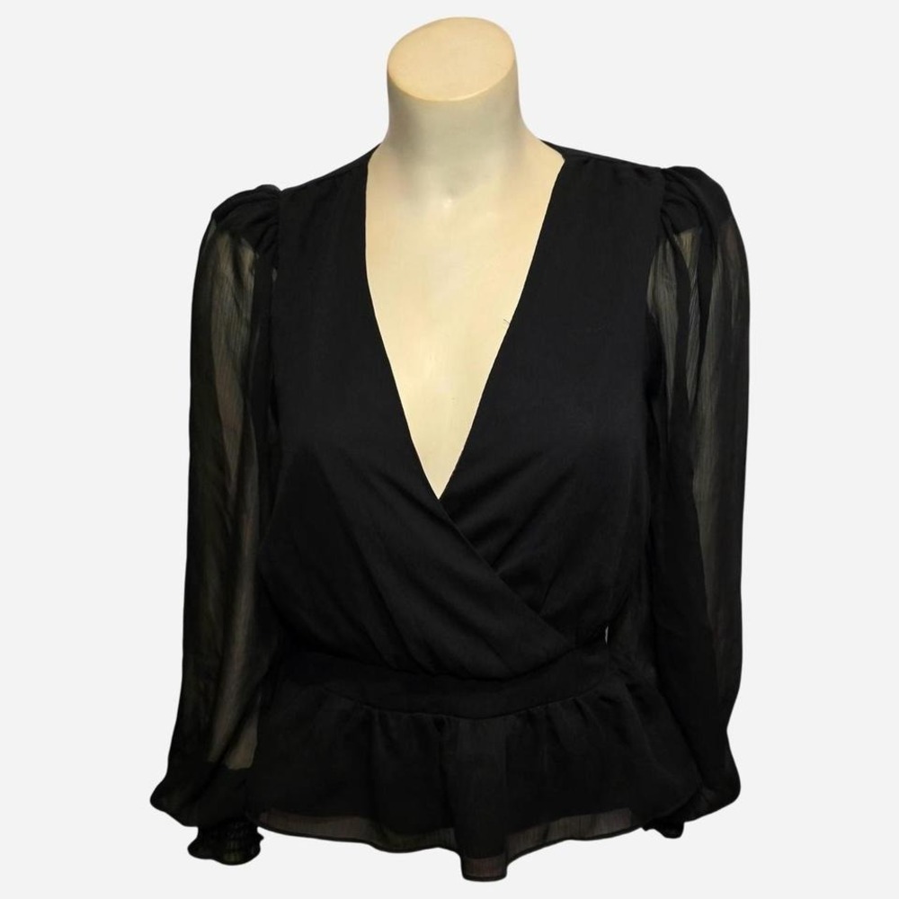 Express‎ Peplum Blouse Womens XS Black Excellent Sheer Puff Sleeve Smocked Top